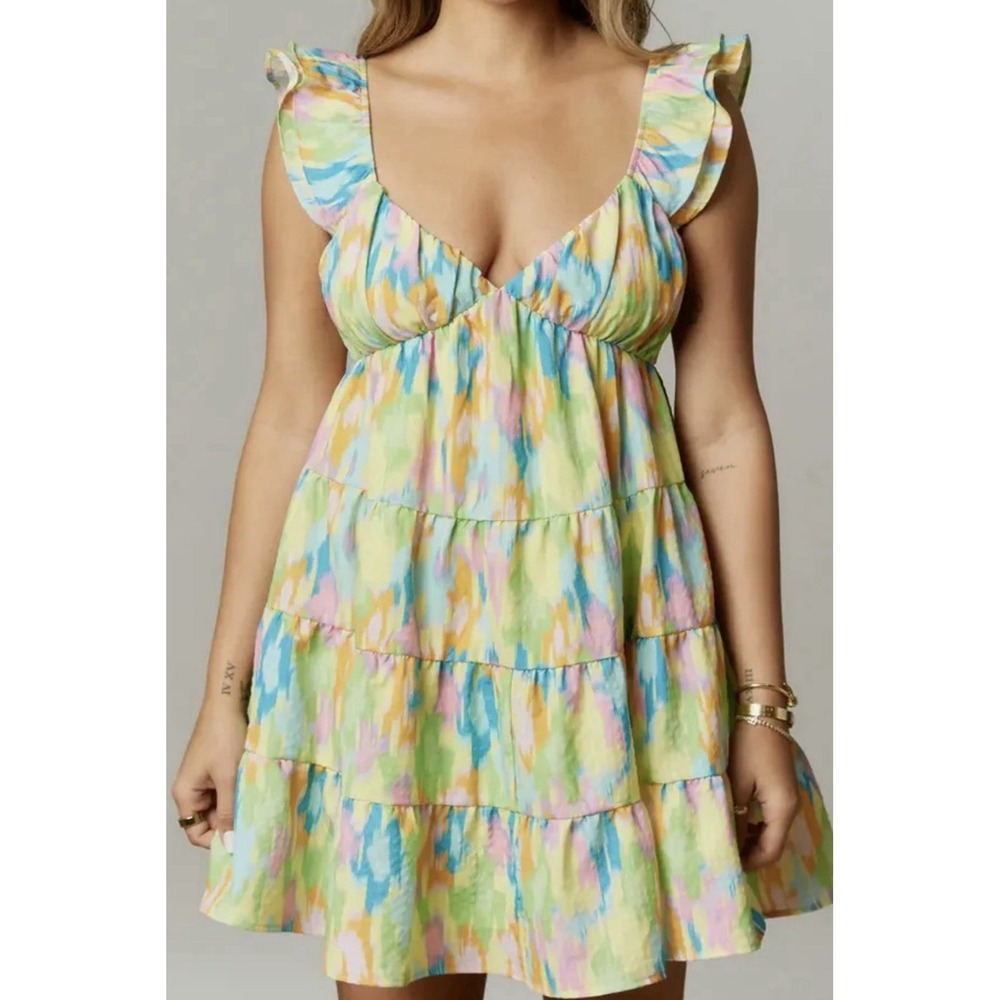 Peach Love Puff Sleeve Dress Sz S Yellow Retro Print Square Neck Boho Mini Dress